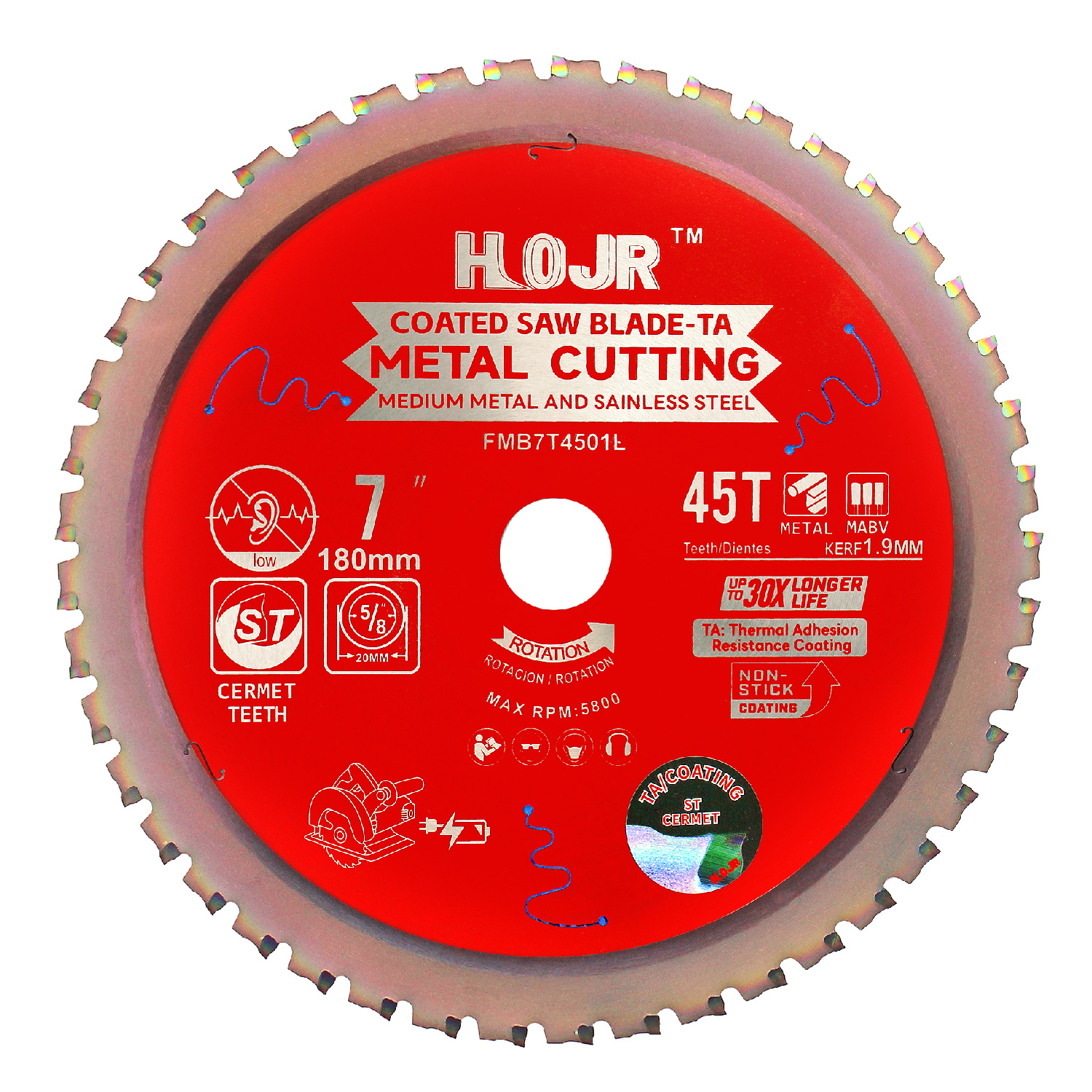HOJR 7 Inch 45-Tooth 20mm Arbor Circular Saw Blade, Mild Steel and Stainless Steel Cutting Blade, Tipped with Special Anti-Stick Coating - TA, Item：FMB7T4501L